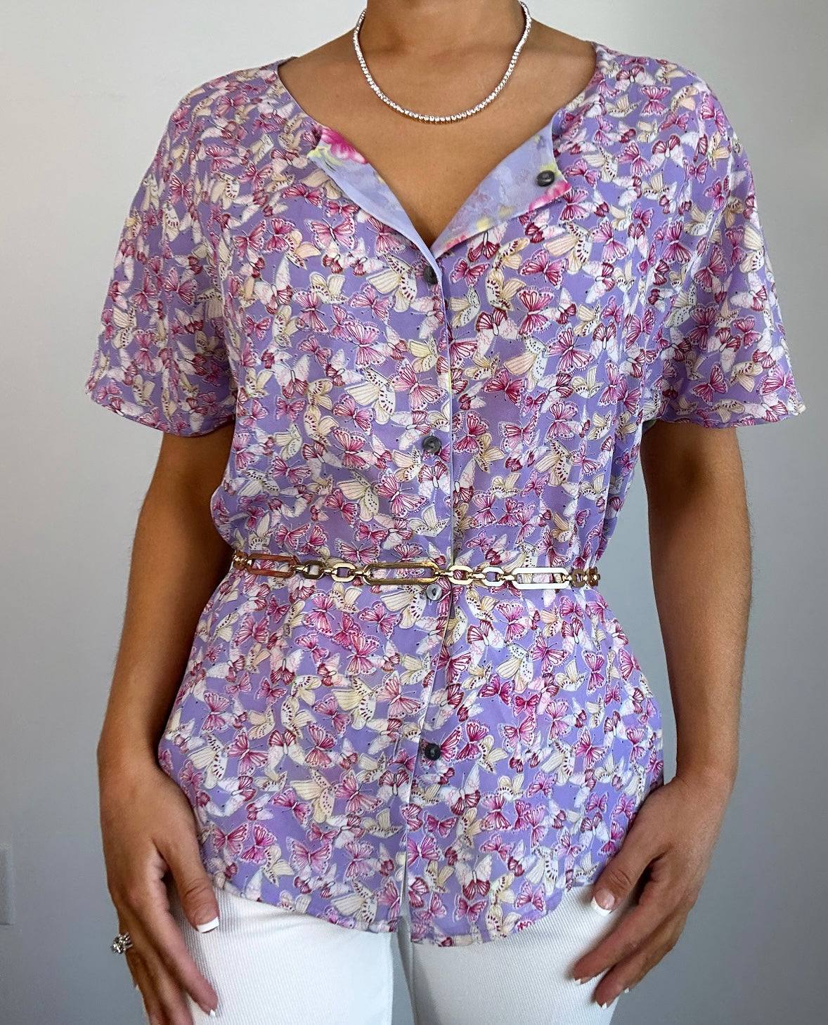 Vintage Lavender Pink Reversible Butterfly Floral Blouse