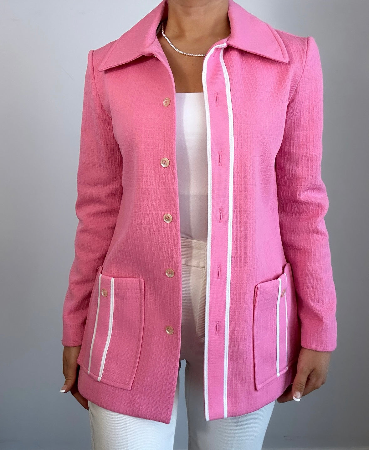1970s Vintage Jack Winter Pink white Double Knit Poly Jacket