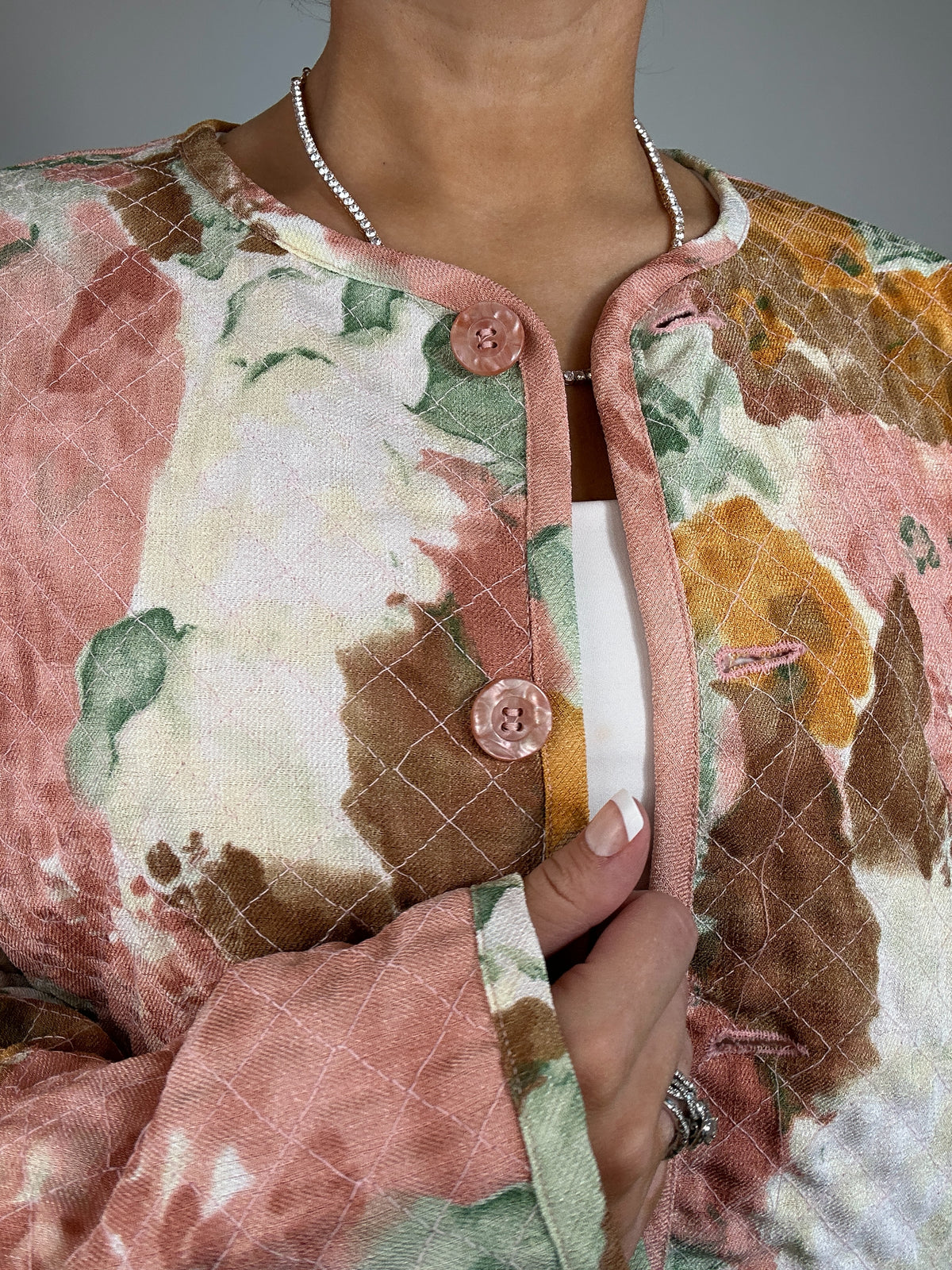 Vintage BLush Mustard Orange Green Patchington Floral Quilted Jacket