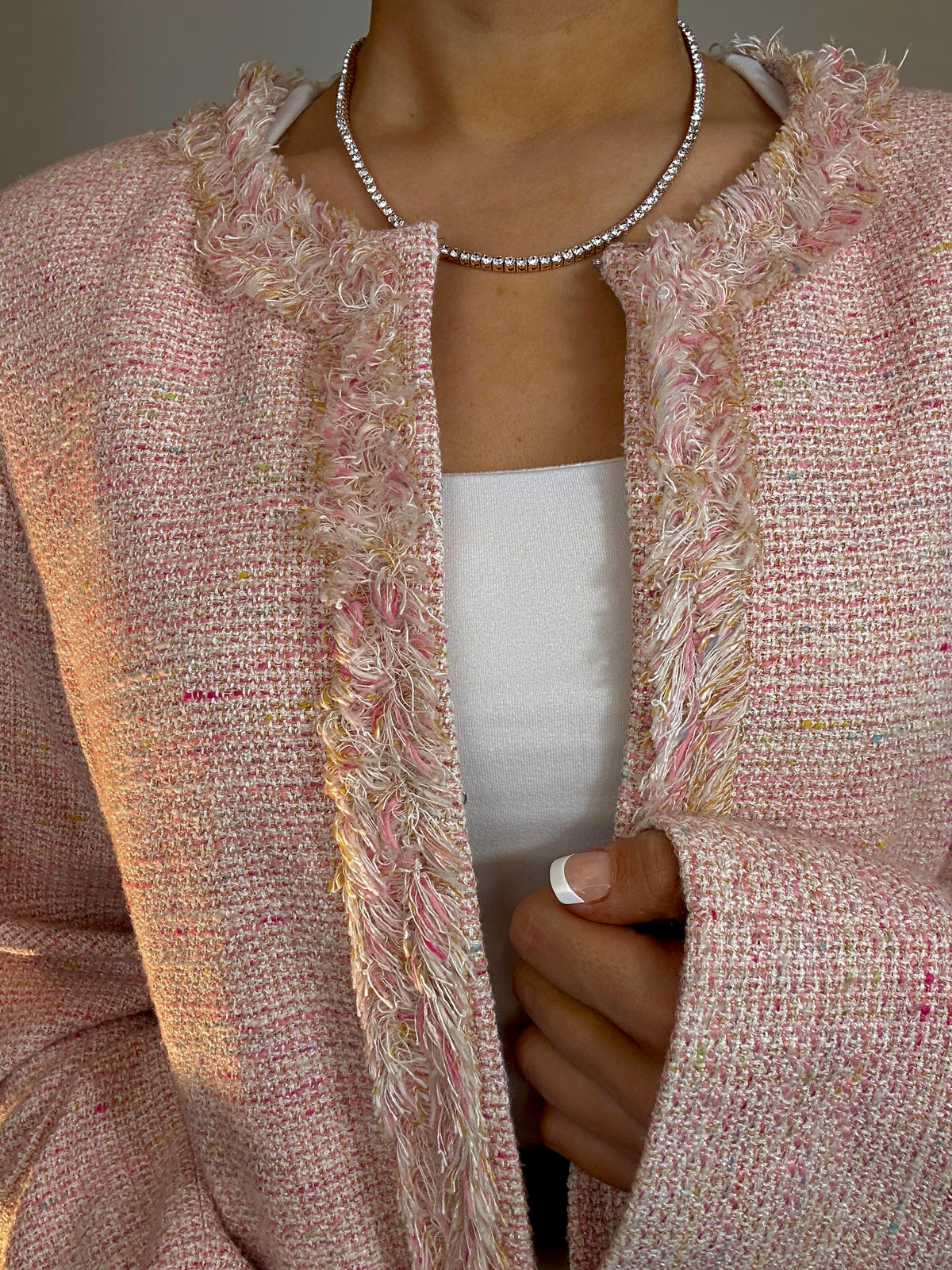 Alfani Light Pink Tweed Fringe Trim Blazer Jacket