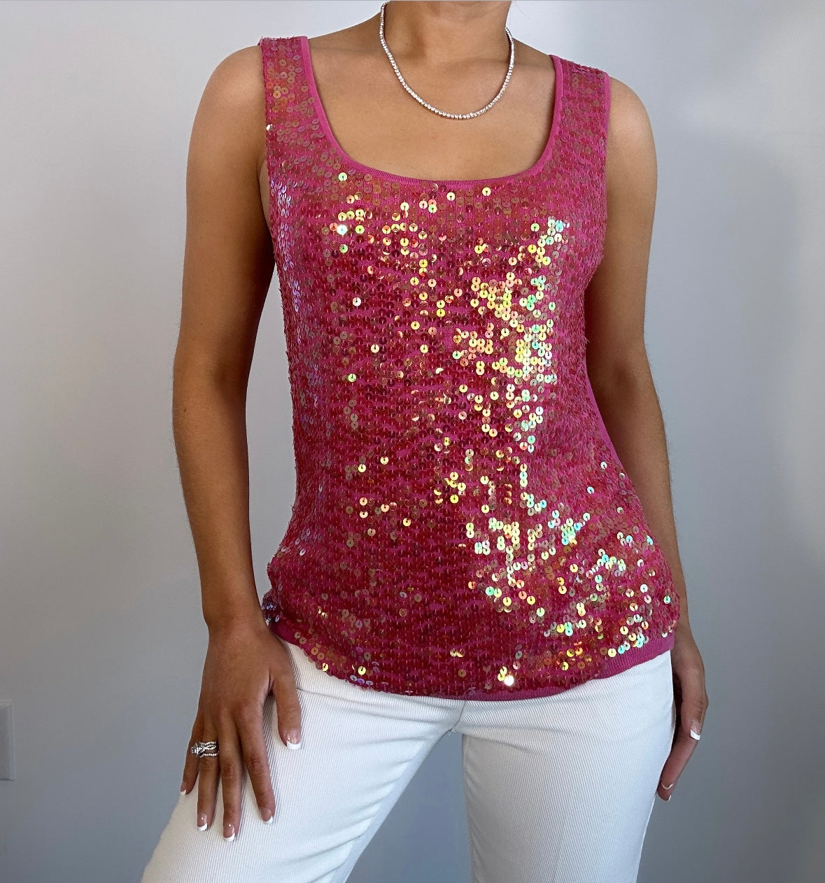 Y2k Hot Pink Silk Sequin Tank Top