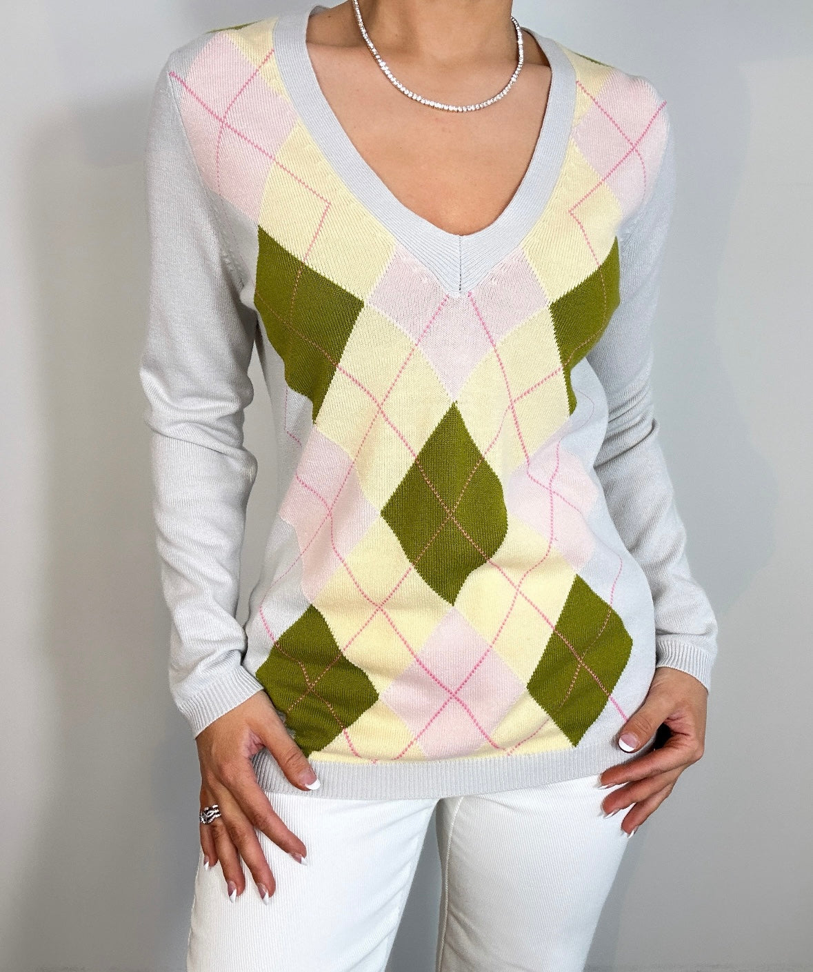 Y2K New York & Company Argyle Plaid V-neck Sweater
