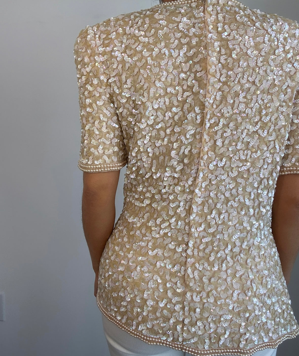 Vintage Silk Sequin Pearl Beaded Cream Statement Top