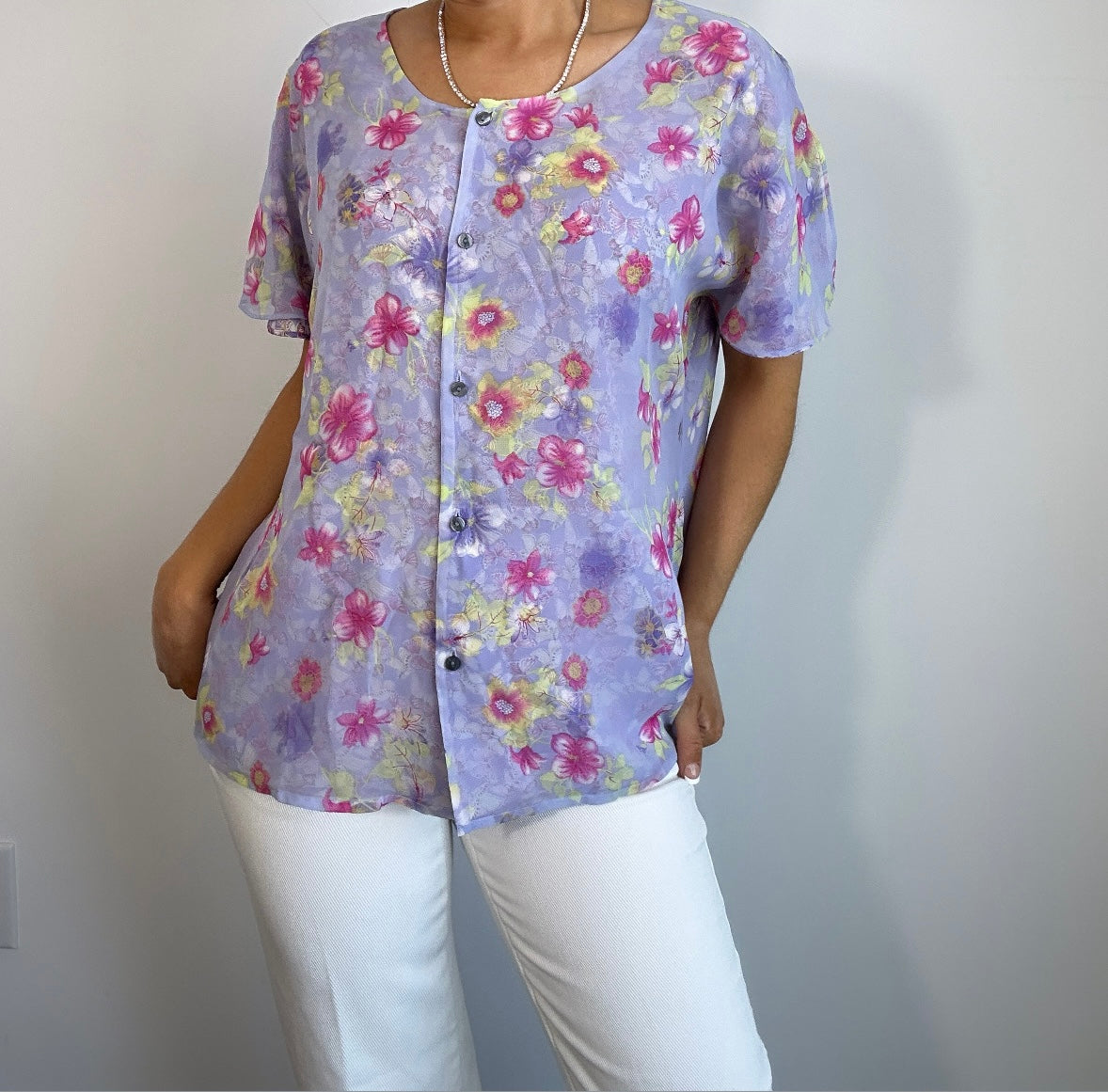 Vintage Lavender Pink Reversible Butterfly Floral Blouse
