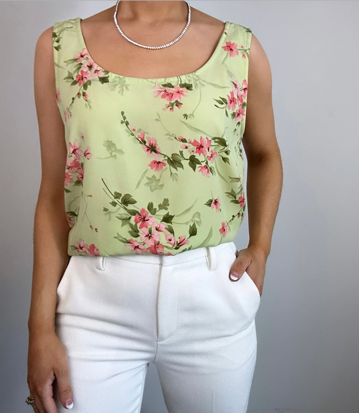 Vintage Light Green Pink Floral Tank Top