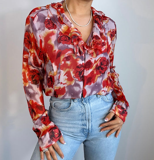 Y2K Pink Purple Floral Silk Ruffle Blouse