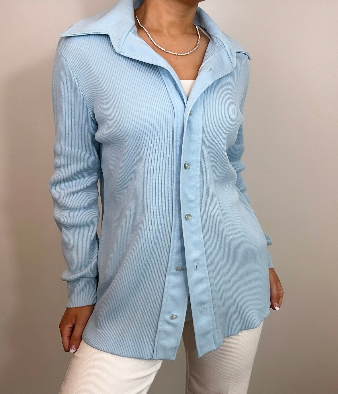 1970's Light Blue Double Knit Poly Dagger Collar Button Down