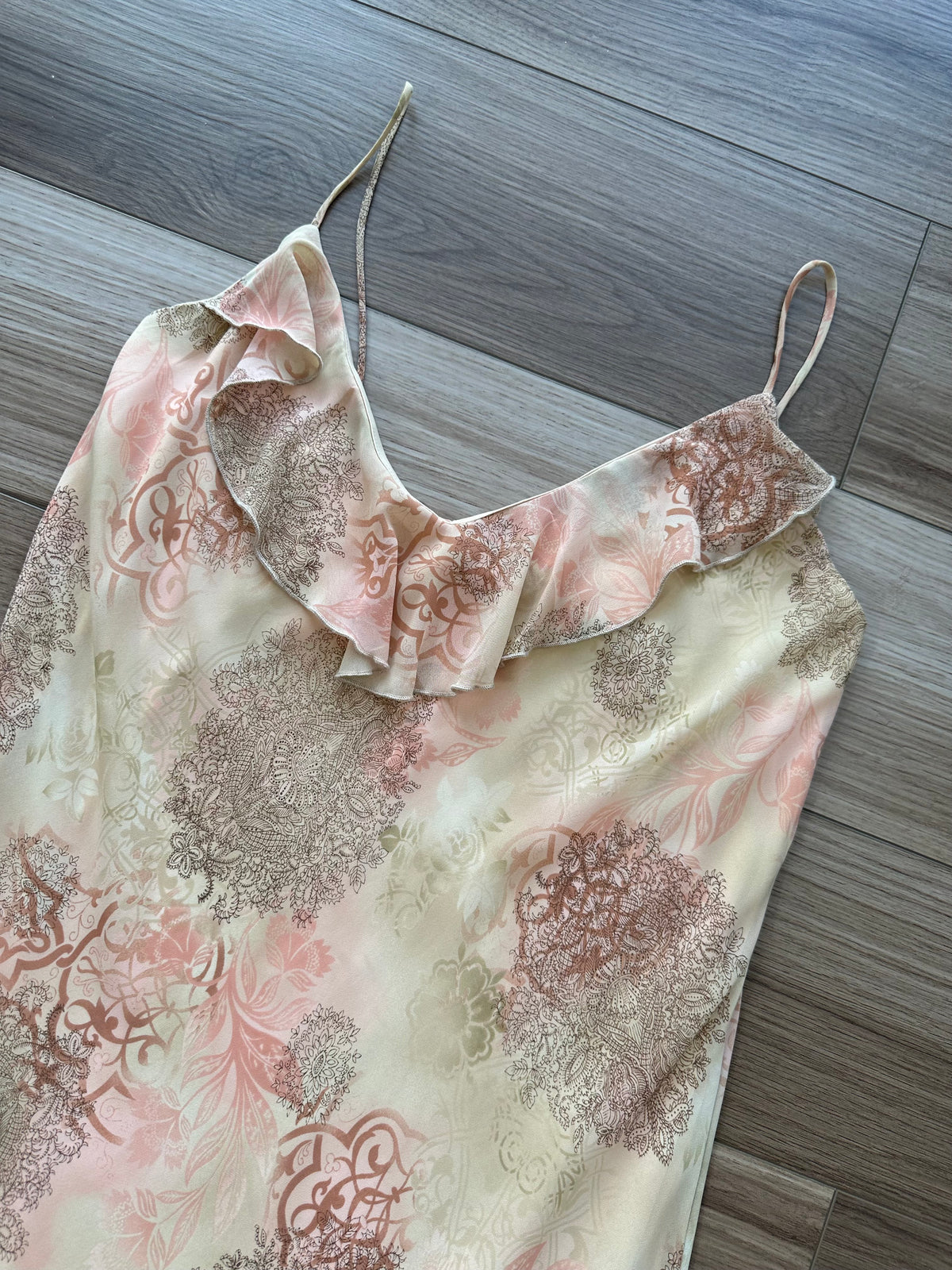 Vintage Tan Peach Printed Frilly Slip Dress Midi