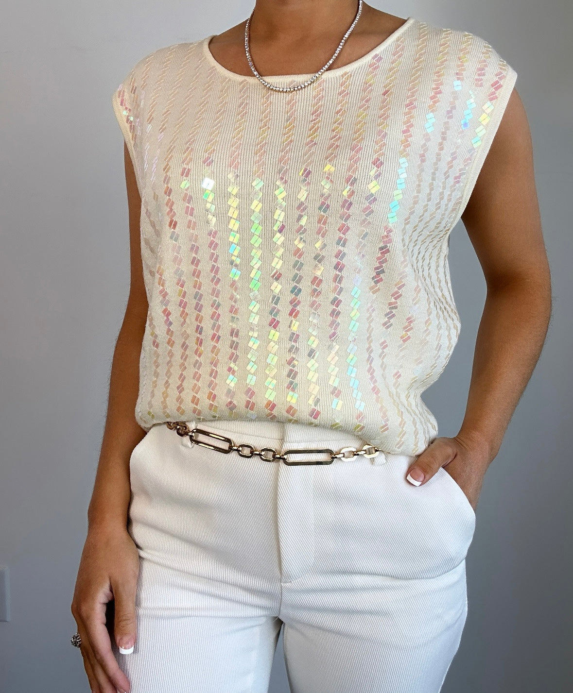 Vintage Victoria Jones Cream Sequin Knit Tank Top