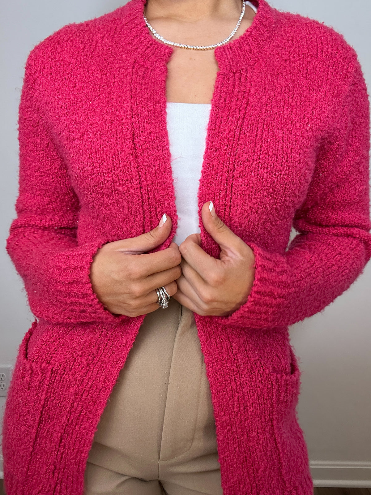 Vintage Townhouse Long Hot Pink Cardigan Sweater with Pockets