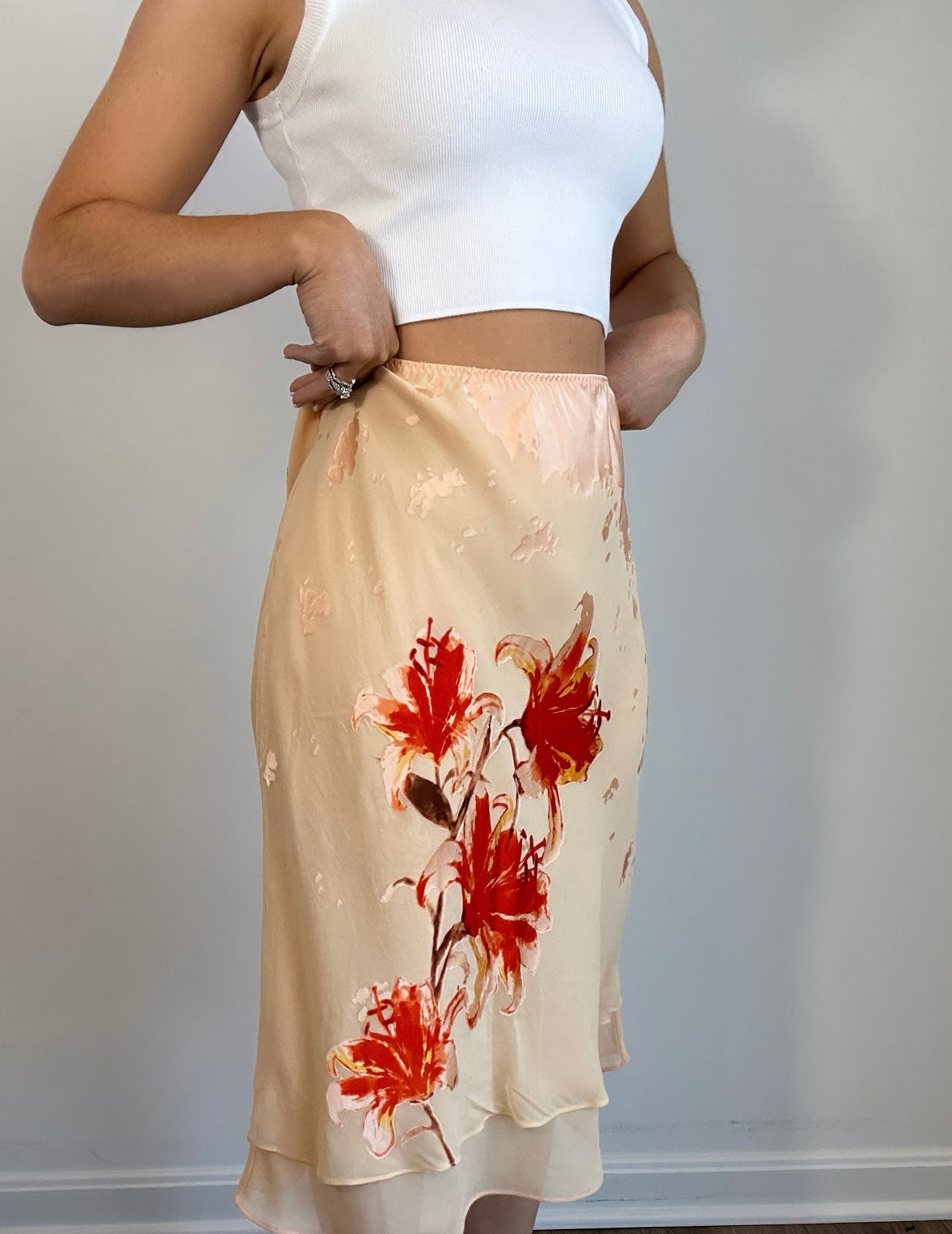 Y2k Peach Hibiscus Floral Print Silk Midi Slip Skirt
