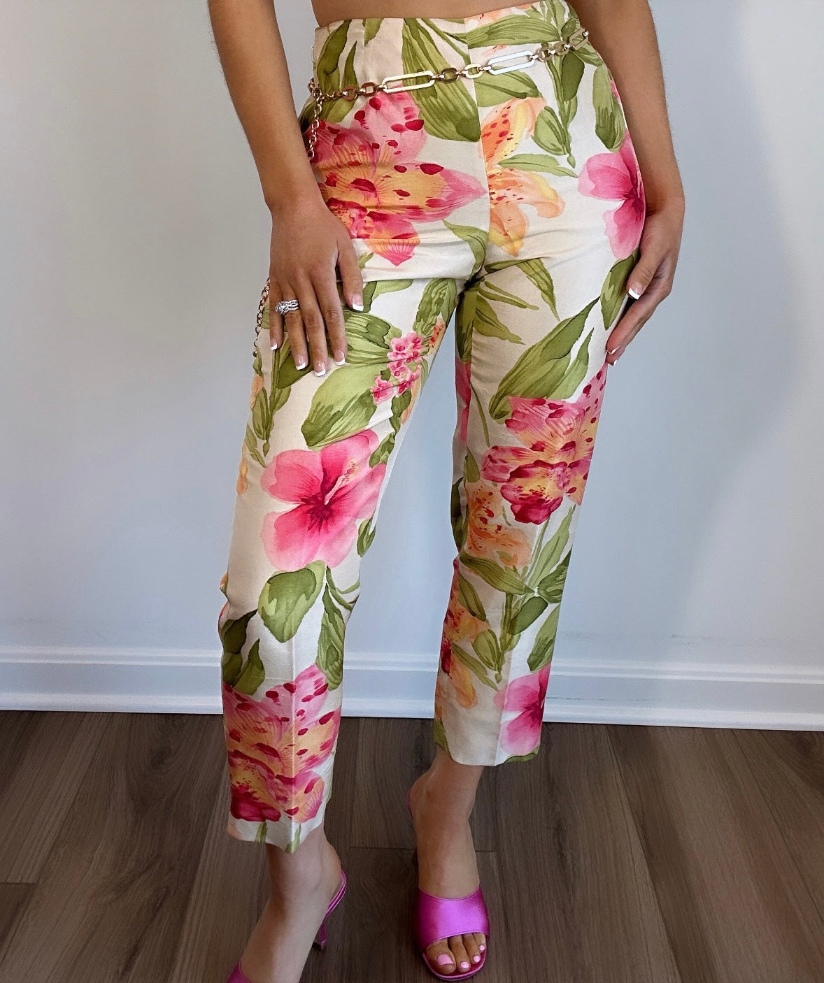 Vintage Dana Buchman Silk Floral Multicolor Crop Midi Rise Pants