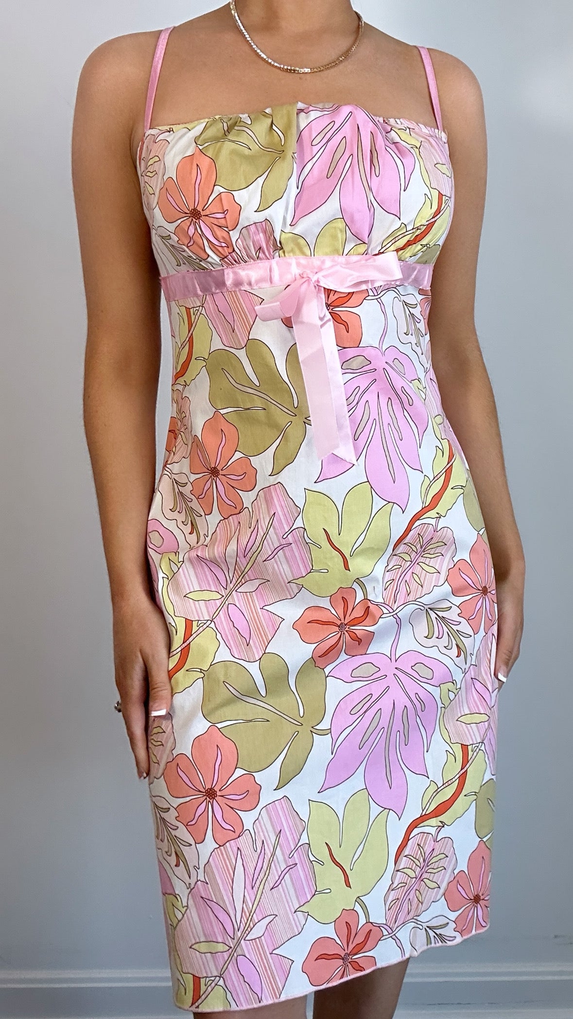 Y2K White Pink Orange Tropical Floral Spaghetti Strap Sundress