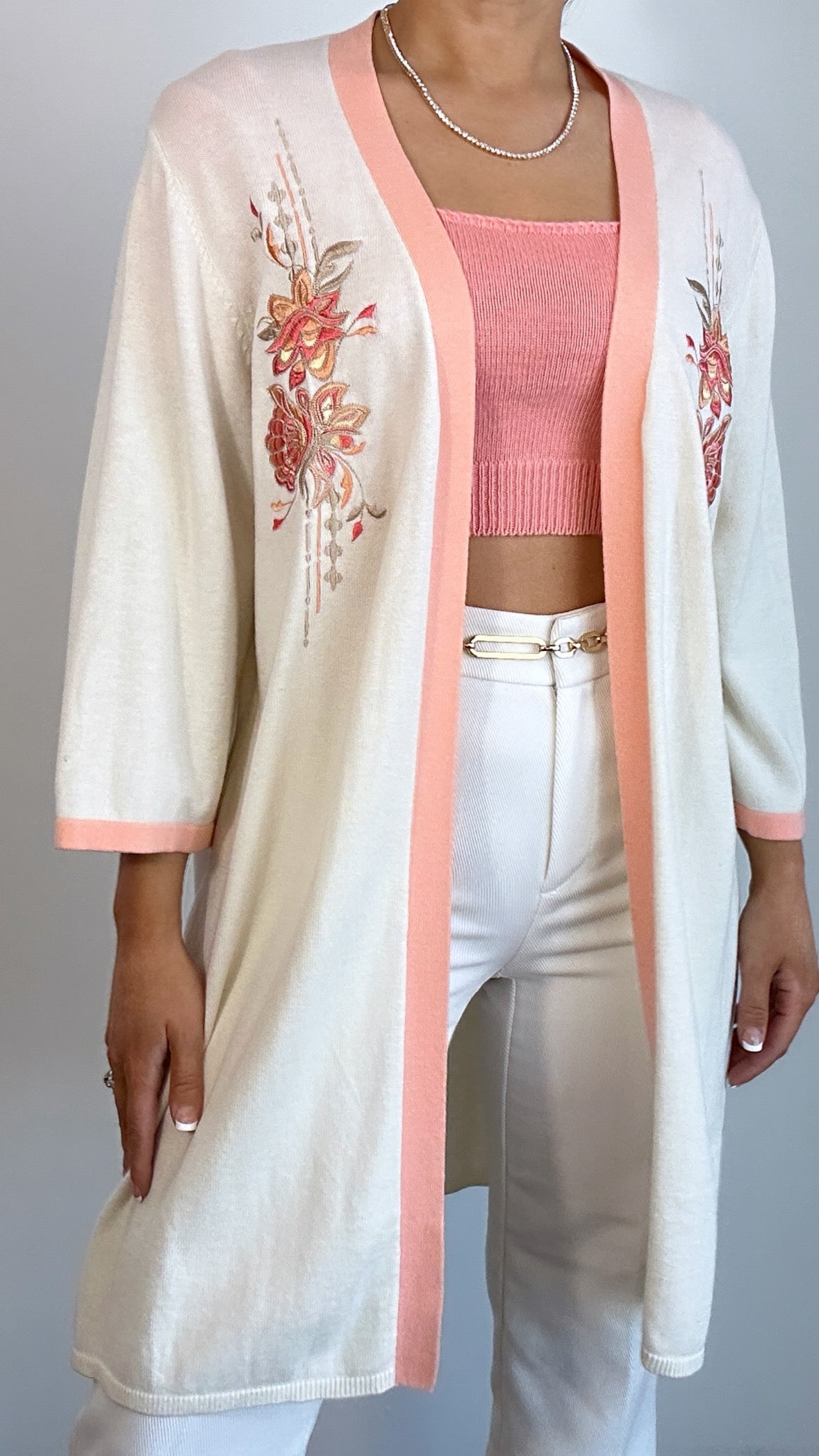 Vintage Peach & Cream Floral Embroidered Kimono Cardigan