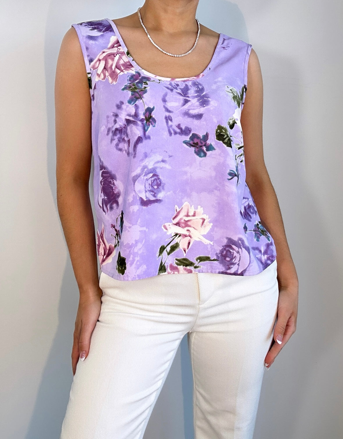 Vintage Lavender Pink Floral Semi Crop Tank Top