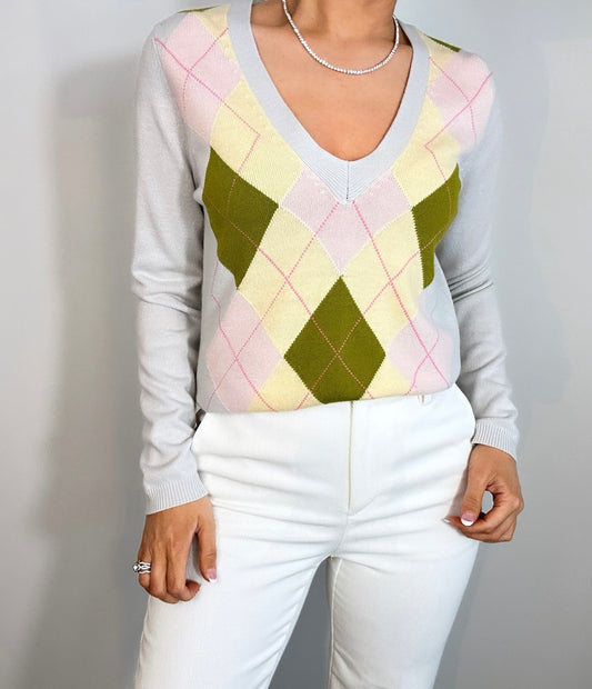 Y2K New York & Company Argyle Plaid V-neck Sweater