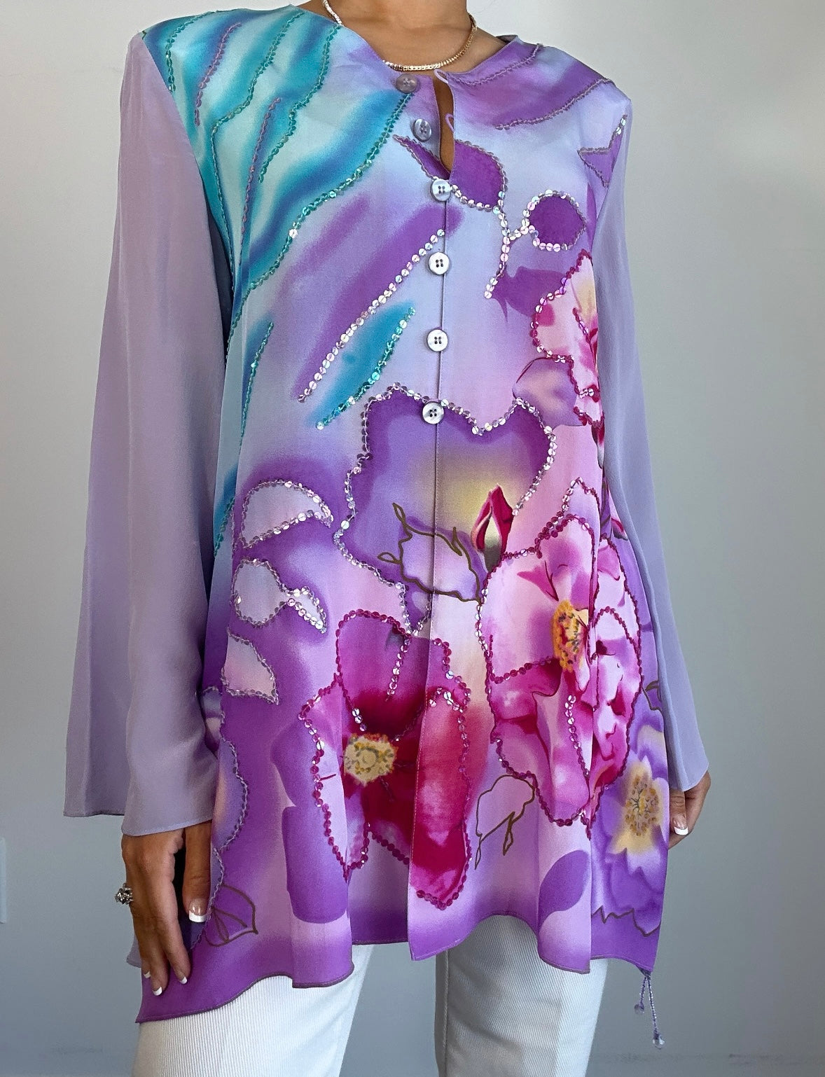 1980s Diane Gilman Purple Pink Sequin Silk Floral Blouse
