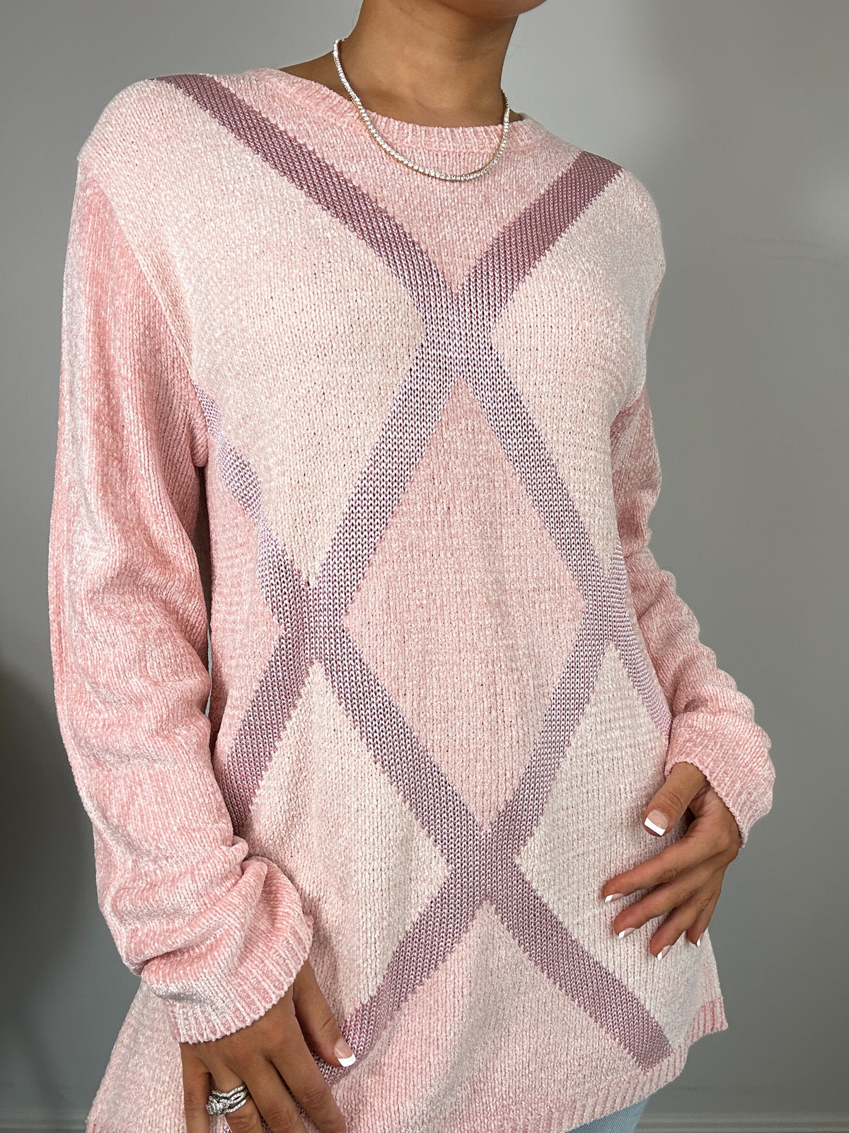 Vintage Sag Harbor Argyle Preppy Light Pink Chenille Sweater