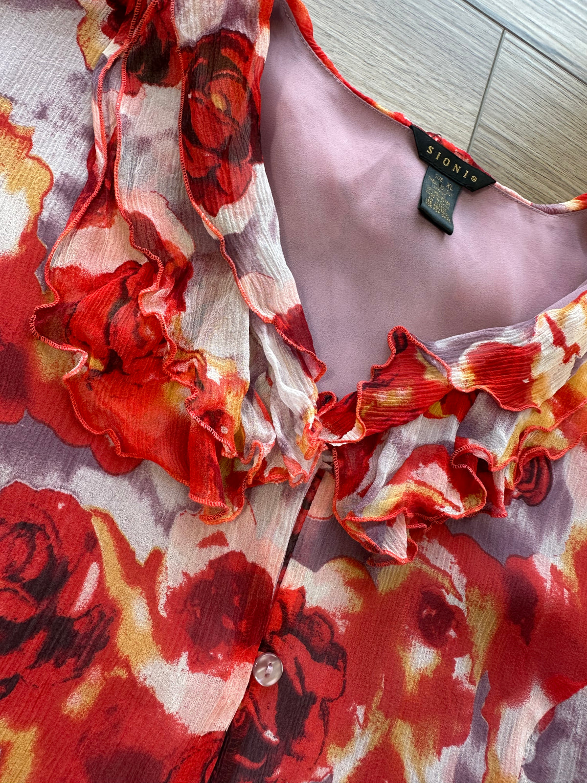 Y2K Pink Purple Floral Silk Ruffle Blouse