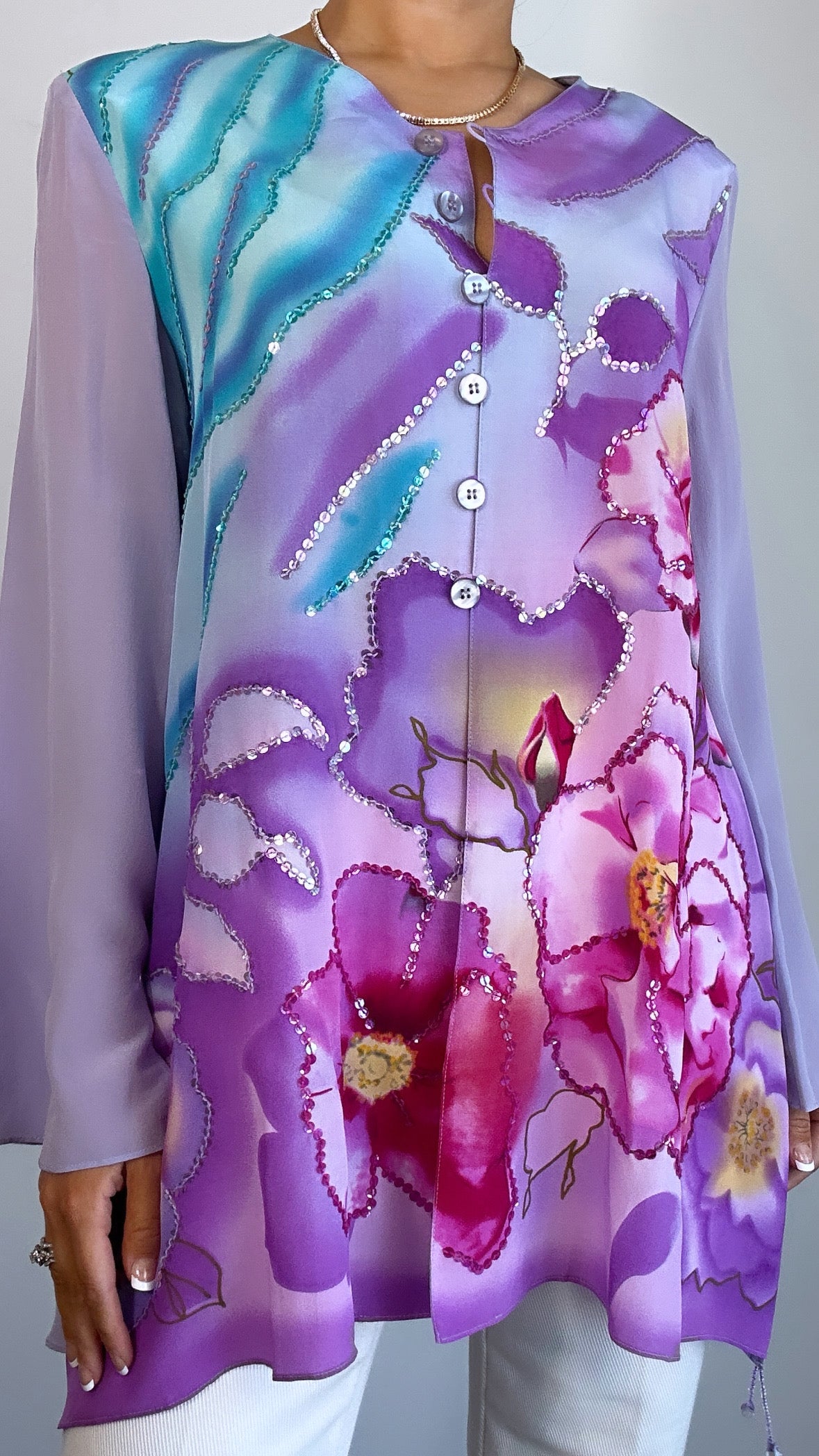1980s Diane Gilman Purple Pink Sequin Silk Floral Blouse