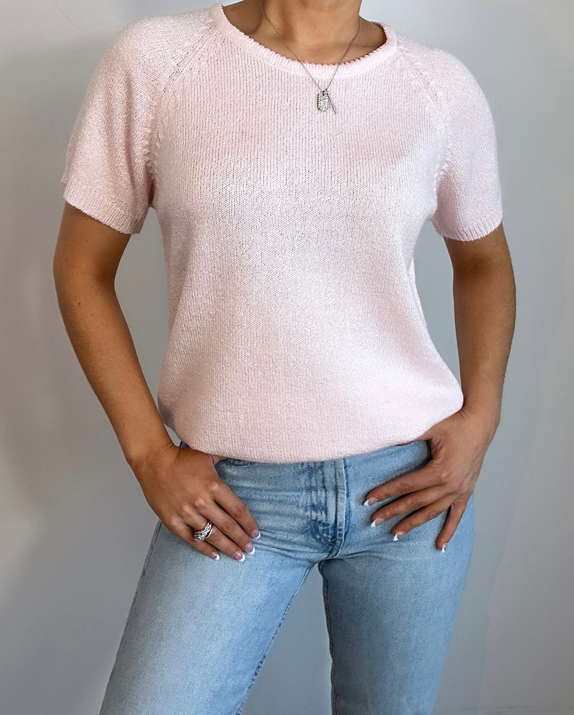 Vintage Light Pink Emily Rose Sweater Knit Short Sleeve Top