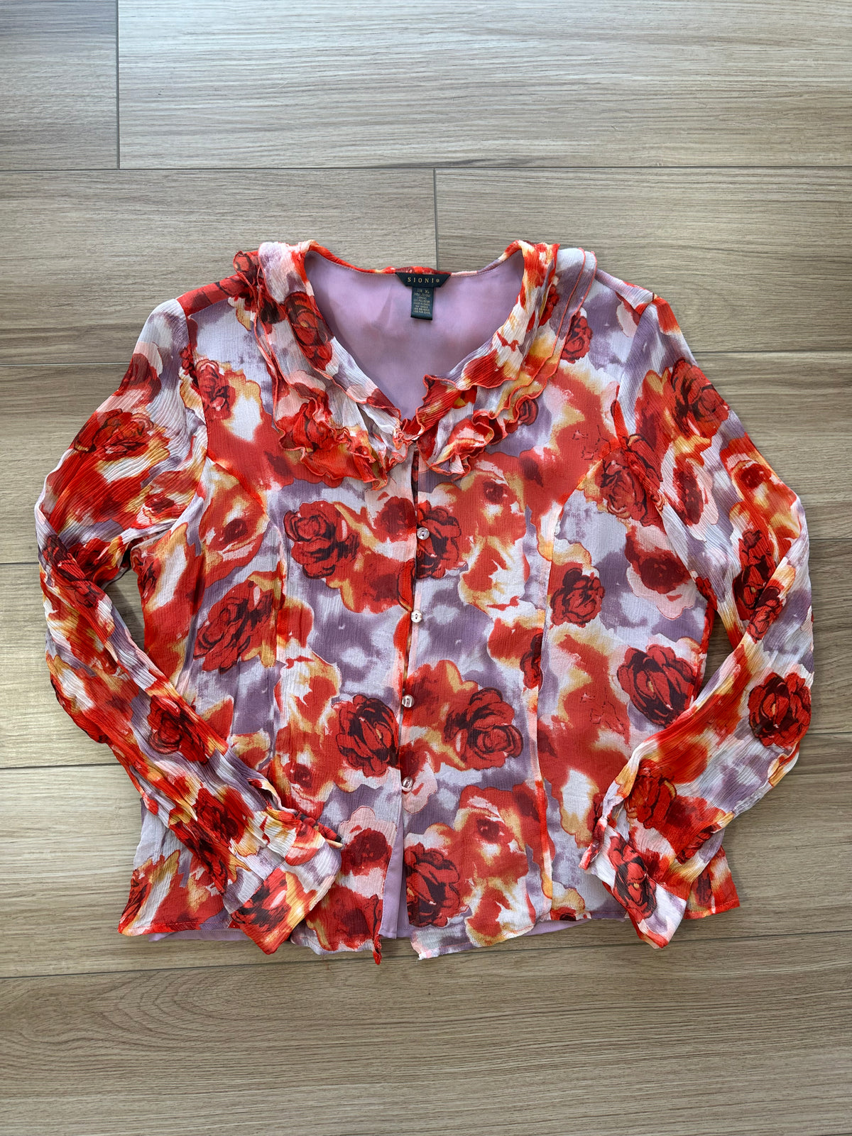 Y2K Pink Purple Floral Silk Ruffle Blouse