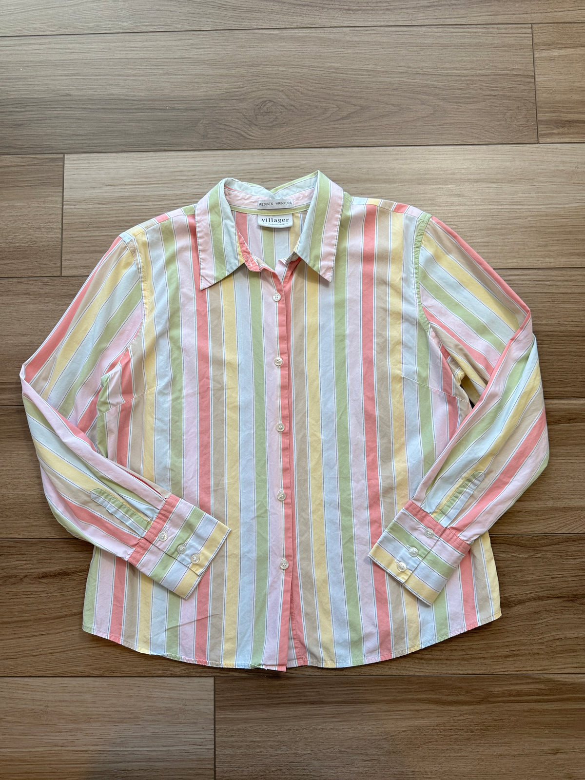 Vintage Villager Rainbow Pastel Striped Button Down Top