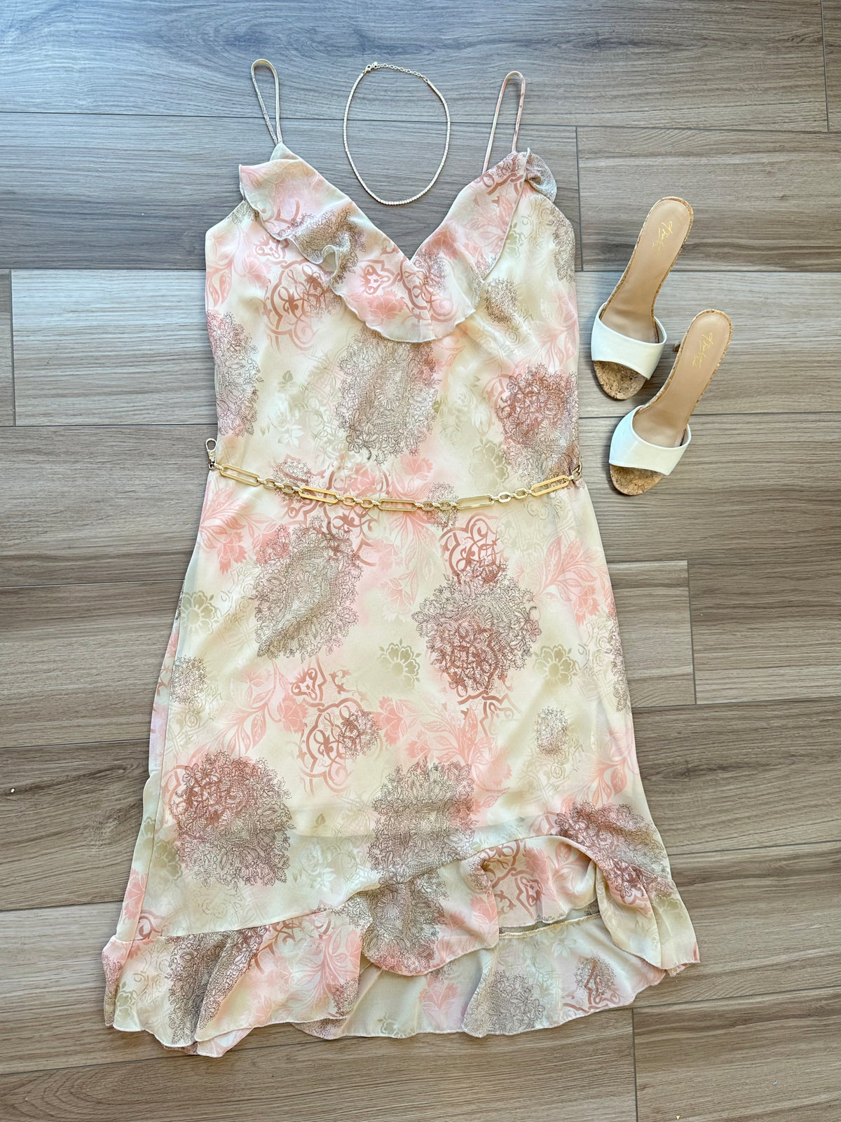 Vintage Tan Peach Printed Frilly Slip Dress Midi