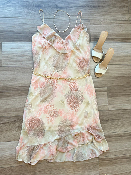 Vintage Tan Peach Printed Frilly Slip Dress Midi