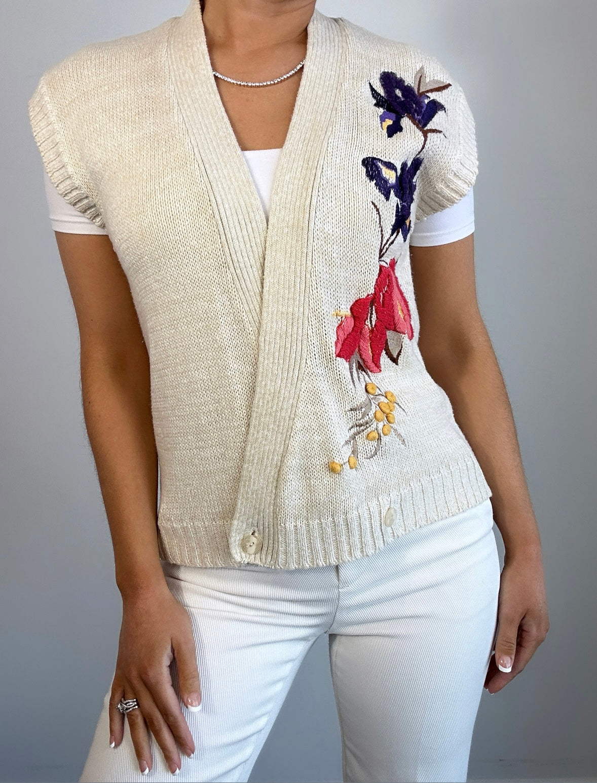 Vintage Cream Multicolor Embroidered Wrap Vest