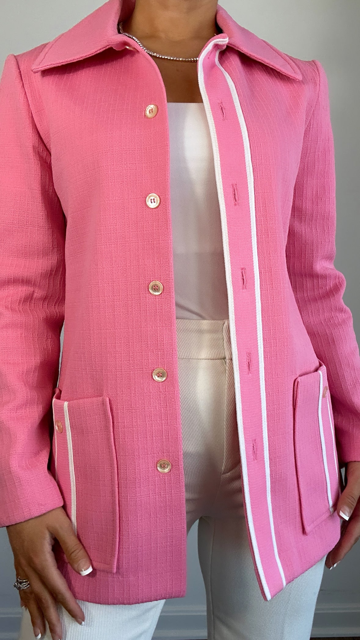 1970s Vintage Jack Winter Pink white Double Knit Poly Jacket